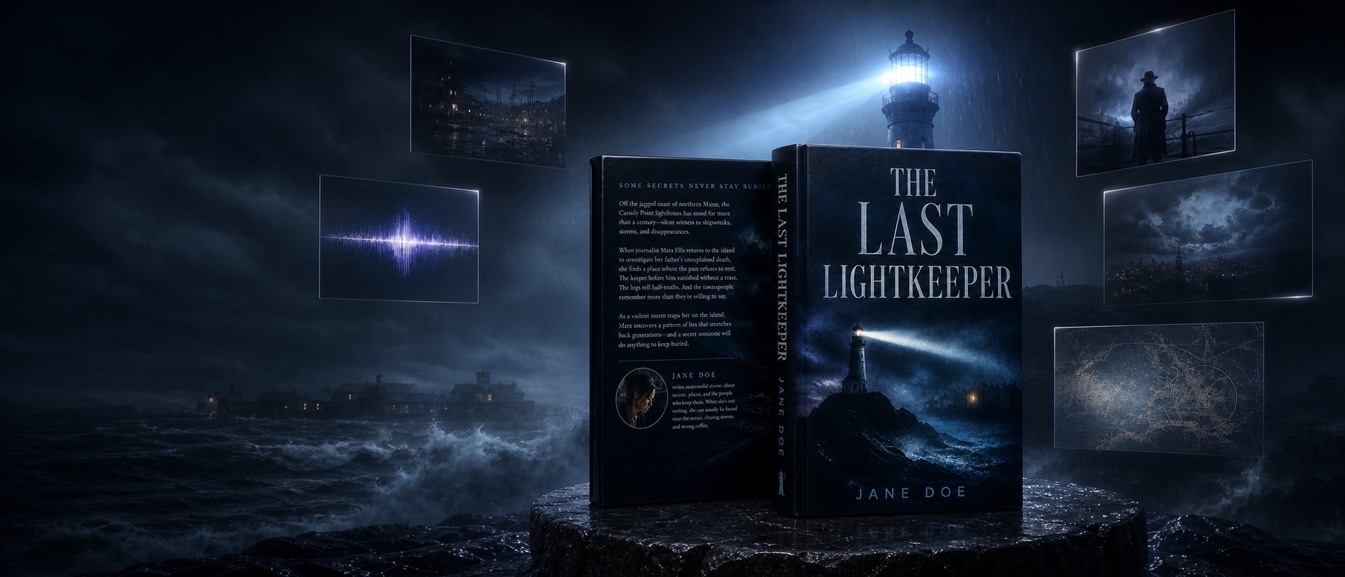 Concept showcase: The Last Lightkeeper book cover, cinematic scenes, and launch artwork